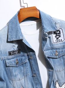 Manfinity 男士圖案貼布細節牛仔夾克不帶T恤 - 淺色水洗藍 - 查看 3