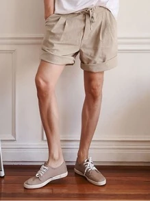 DAZY Men Solid Slant Pocket Plicated Detail Khaki Shorts - Khaki - View 4