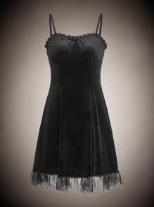 ROMWE Goth 蕾絲拼接絲絨吊帶連衣裙 - 黑色 - 查看 1