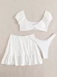 Summer Beach 3packs Schiffy Twist Bikini Set & Ruffle Skirt