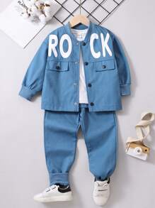 SHEIN 少年男孩字母圖案飛行外套和褲子套裝（不包括內搭） - 藍色 - 查看 1