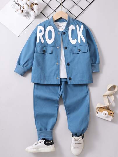 SHEIN Ragazzino Giacca bomber con grafica lettera & Pantaloni senza maglietta