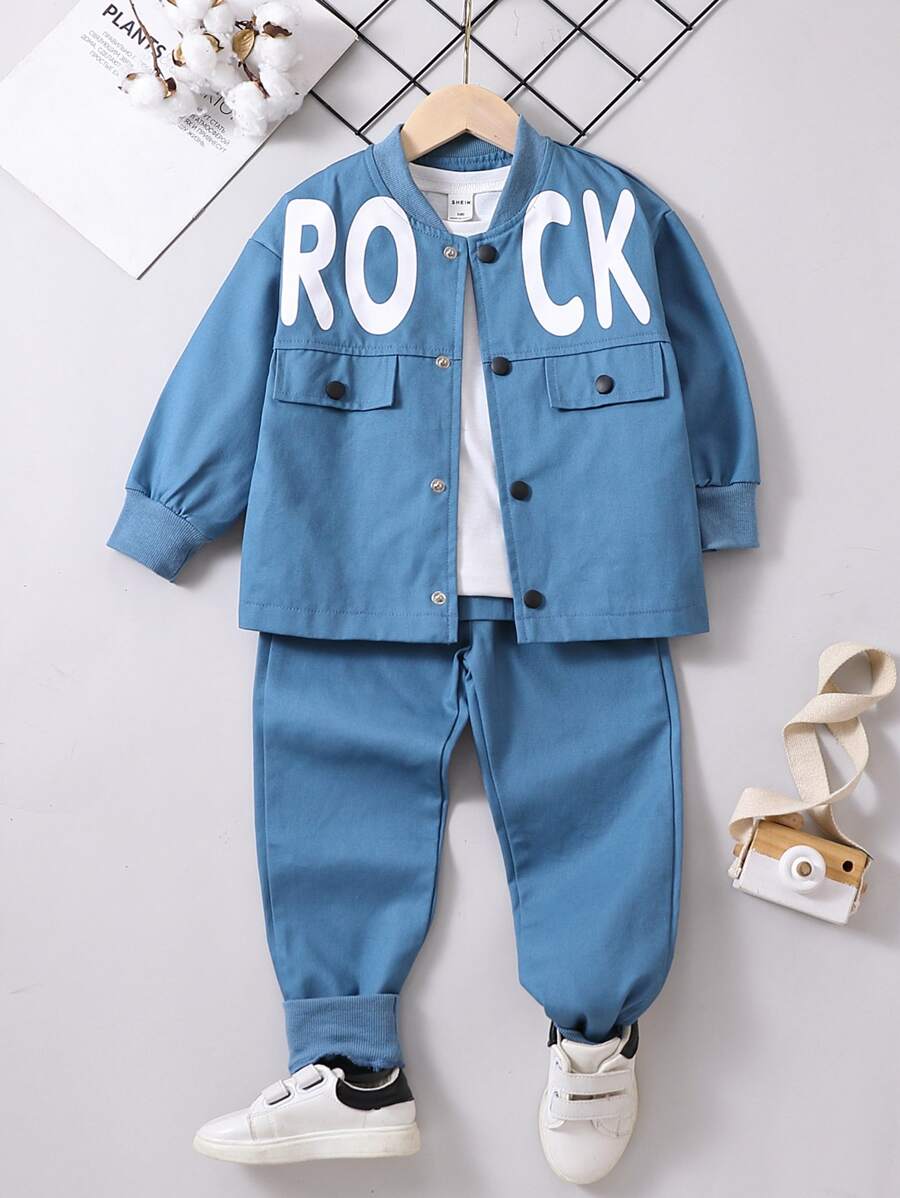 SHEIN 少年男孩字母圖案飛行外套和褲子套裝（不包括內搭） - 藍色 - 查看 1