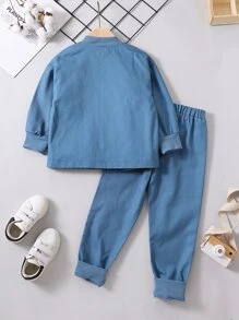 SHEIN 少年男孩字母圖案飛行外套和褲子套裝（不包括內搭） - 藍色 - 查看 2