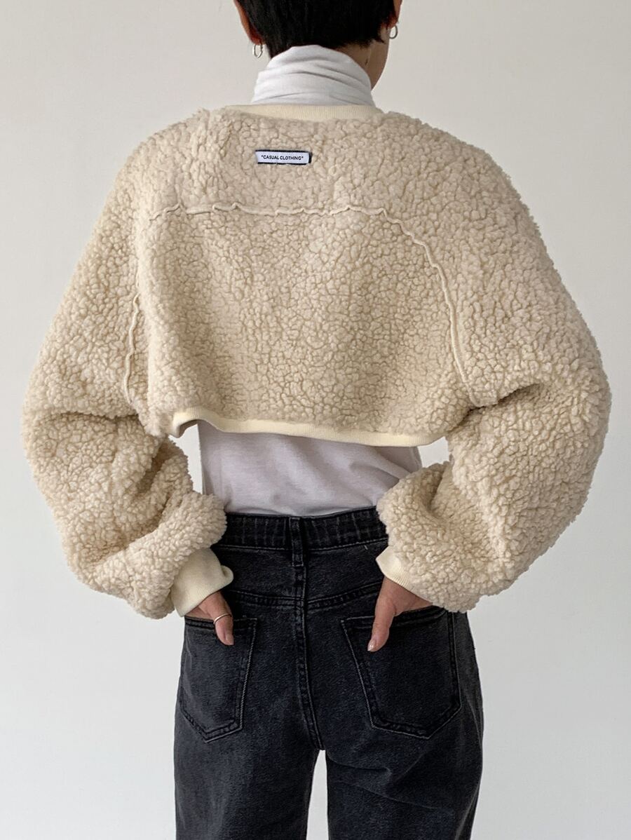 DAZY 字母貼布插肩袖短款絨毛運動衫不帶T恤 - 米色 - 查看 1