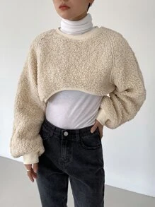 DAZY 字母貼布插肩袖短款絨毛運動衫不帶T恤 - 米色 - 查看 3