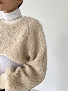 DAZY 字母貼布插肩袖短款絨毛運動衫不帶T恤 - 米色 - 查看 4