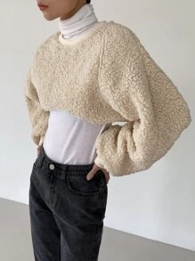 DAZY 字母貼布插肩袖短款絨毛運動衫不帶T恤 - 米色 - 查看 5