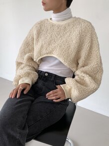 DAZY 字母貼布插肩袖短款絨毛運動衫不帶T恤 - 米色 - 查看 7