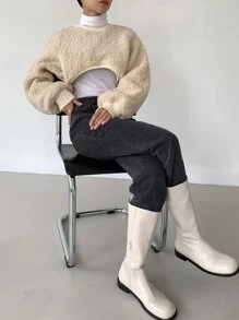 DAZY 字母貼布插肩袖短款絨毛運動衫不帶T恤 - 米色 - 查看 8