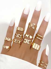 11pcs Butterfly & Heart Decor Cuff Ring - Yellow Gold - View 1