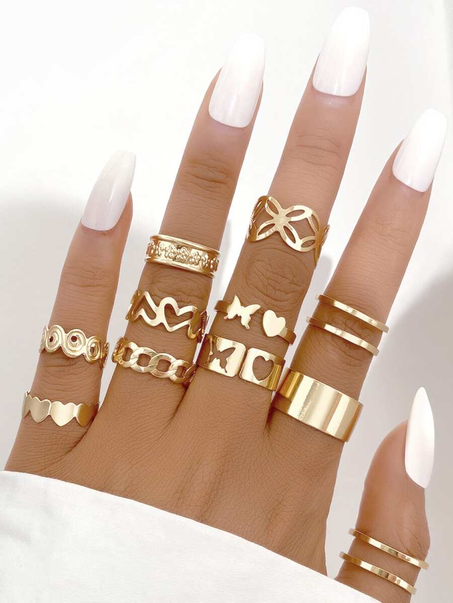 11pcs Butterfly & Heart Decor Cuff Ring - Yellow Gold - View 1