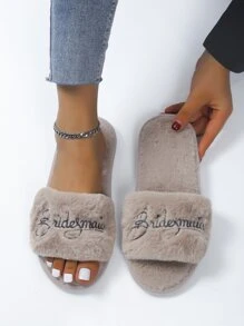 Women's Home Slippers With Letter Embroidery And Fluffy Design - Khaki - View 2