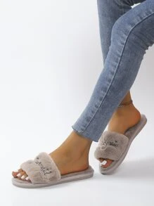 Women's Home Slippers With Letter Embroidery And Fluffy Design - Khaki - View 5