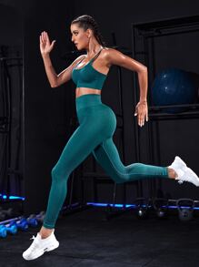 Yoga Basic Solid Wideband Waist Sports Set - Teal Blue - View 2