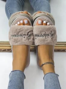 Women's Home Slippers With Letter Embroidery And Fluffy Design - Khaki - View 6