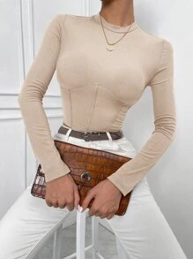 RosyDaze Mock Neck Ribbed Knit Slim Fit Tee Fall Cloth For Women