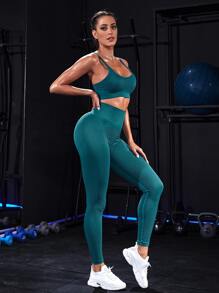 Yoga Basic Solid Wideband Waist Sports Set - Teal Blue - View 6