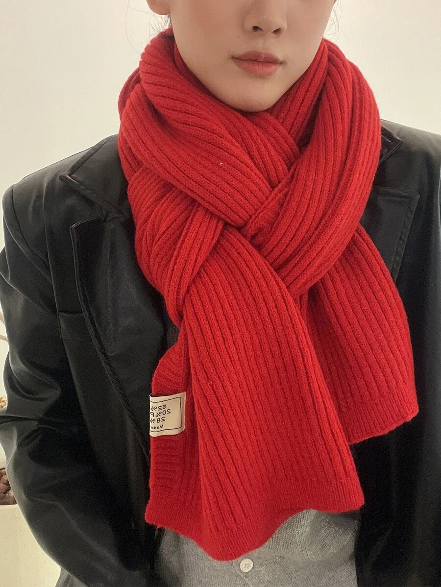 1入組女士素色針織長款圍巾適用於秋天和冬天日常穿著 - 紅色 - 查看 1