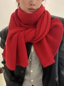 1入組女士素色針織長款圍巾適用於秋天和冬天日常穿著 - 紅色 - 查看 2