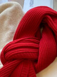 1入組女士素色針織長款圍巾適用於秋天和冬天日常穿著 - 紅色 - 查看 4