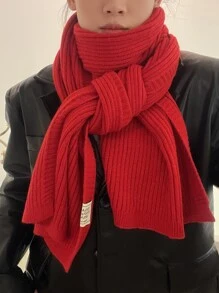 1入組女士素色針織長款圍巾適用於秋天和冬天日常穿著 - 紅色 - 查看 5