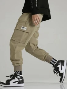 Manfinity Hypemode Men Patched Flap Pockets Cargo Trousers - Khaki - View 1