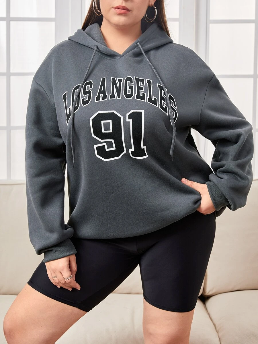 CovetEZ 加大码字母图案落肩抽绳保暖卫衣 - 深灰色 - 查看 1