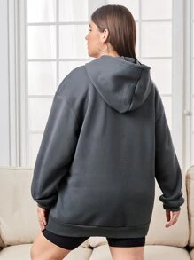 CovetEZ 加大码字母图案落肩抽绳保暖卫衣 - 深灰色 - 查看 2