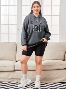 CovetEZ 加大码字母图案落肩抽绳保暖卫衣 - 深灰色 - 查看 3