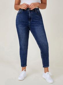 SHEIN Jeans de mezclilla de talla grande de ajuste delgado lavados de uso casual - Azul lavado oscuro - Ver 1