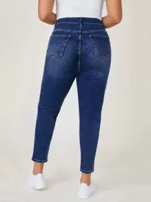 SHEIN Jeans de mezclilla de talla grande de ajuste delgado lavados de uso casual - Azul lavado oscuro - Ver 2