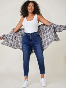 SHEIN Jeans de mezclilla de talla grande de ajuste delgado lavados de uso casual - Azul lavado oscuro - Ver 3