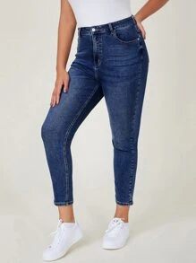 SHEIN Jeans de mezclilla de talla grande de ajuste delgado lavados de uso casual - Azul lavado oscuro - Ver 4