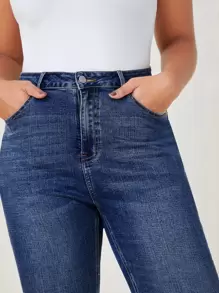 SHEIN Jeans de mezclilla de talla grande de ajuste delgado lavados de uso casual - Azul lavado oscuro - Ver 6