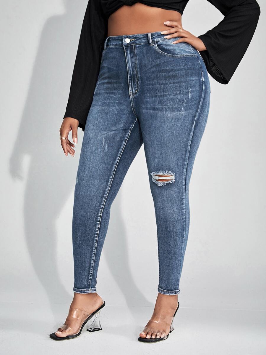 SHEIN SXY Plus Ripped Frayed Skinny Jeans - Medium Wash - View 1