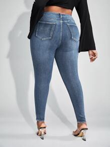 SHEIN SXY Plus Ripped Frayed Skinny Jeans - Medium Wash - View 2