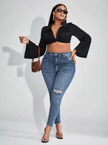 SHEIN SXY Plus Ripped Frayed Skinny Jeans - Medium Wash - View 4