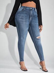 SHEIN SXY Plus Ripped Frayed Skinny Jeans - Medium Wash - View 5