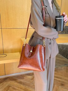 復古設計水桶包 - 棕色 - 查看 5