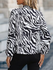 SHEIN LUNE Zebra Striped Notched Neck Blouse