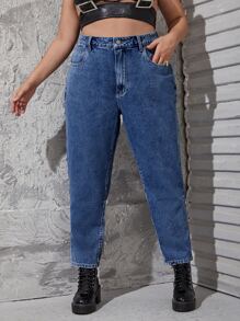 SHEIN ICON 大碼高腰媽媽牛仔褲 - 深色水洗藍 - 查看 1