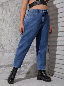 SHEIN ICON 大碼高腰媽媽牛仔褲 - 深色水洗藍 - 查看 3