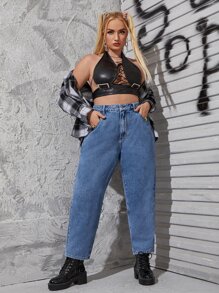 SHEIN ICON Plus High Waist Mom Fit Jeans - Medium Wash - View 5