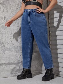 SHEIN ICON 大碼高腰媽媽牛仔褲 - 深色水洗藍 - 查看 4