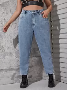 SHEIN ICON 大碼高腰媽媽牛仔褲 - 中等水洗藍 - 查看 1