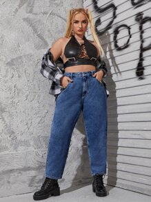 SHEIN ICON 大碼高腰媽媽牛仔褲 - 深色水洗藍 - 查看 5