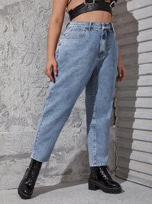 SHEIN ICON 大碼高腰媽媽牛仔褲 - 中等水洗藍 - 查看 3