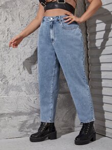 SHEIN ICON 大碼高腰媽媽牛仔褲 - 中等水洗藍 - 查看 4