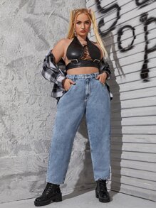 SHEIN ICON 大碼高腰媽媽牛仔褲 - 中等水洗藍 - 查看 5